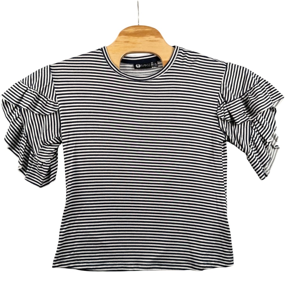 Classic Women Medium Navy White Striped Ruffle Tiered SS Top French Girl Coastal